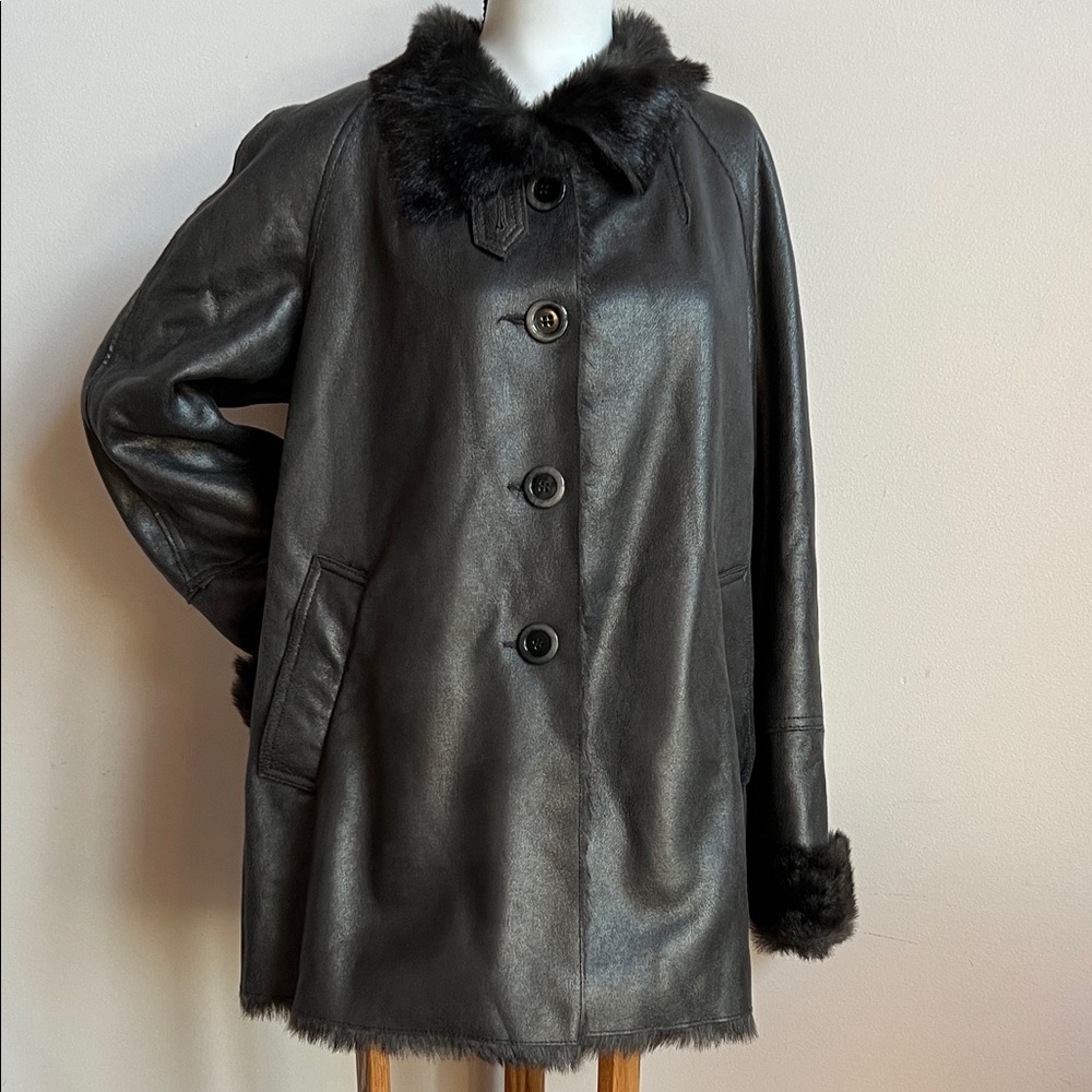Coldwater Creek Black pewter faux Leather Jacket with Faux Fur